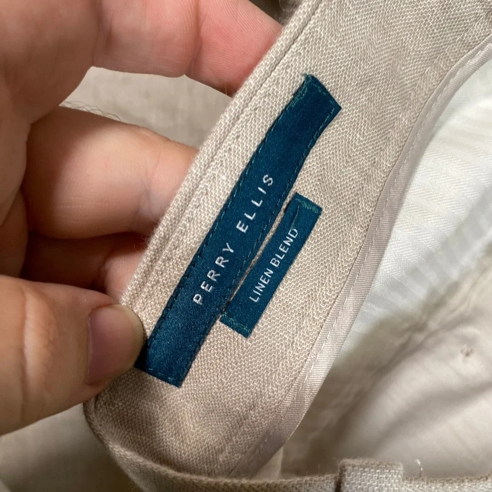 Perry Ellis Mens Tan Linen Blend Flat Front Dress Pants Trousers 38x32 Beige